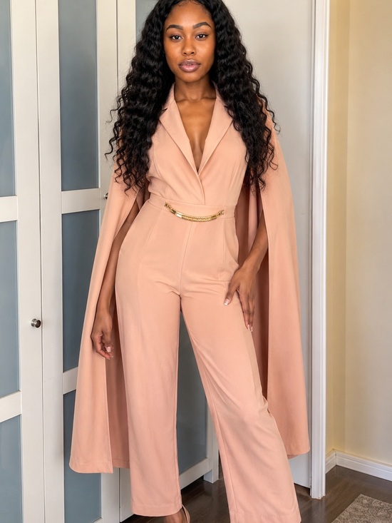 Rare London Pants - Rare London Blush Cape Sleeves Jumpsuit with Gold Chain Waist